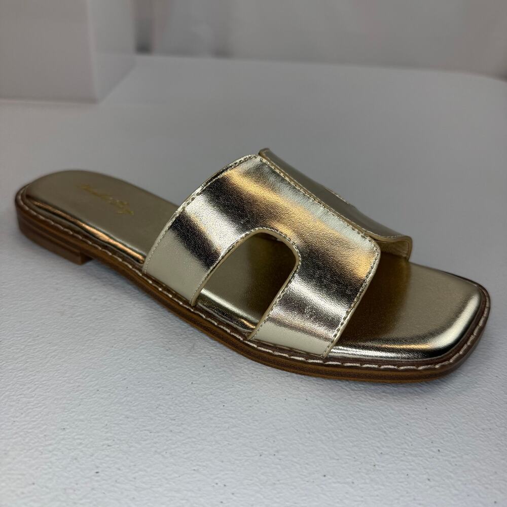 Elisabet Tang Metallic Gold Slide Sandals – Women’s 7 – Cutout Strap Flats